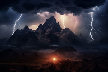 Dramatic lightning storm over a rugged mountain range. Generative AI