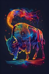 Rainbow Bison Running Beneath Stars in Digital Art Nighttime Scene
