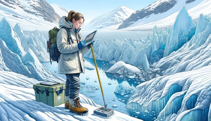 A glaciologist studies glacier dynamics in icy terrain, gathering crucial data on climate impact. - obrazy, fototapety, plakaty