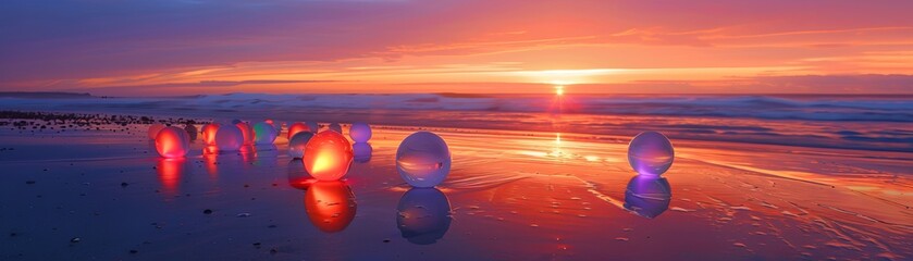 Obraz premium Sunset Beach Scene with Vibrant Beach Balls