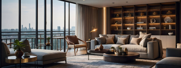 Elegant condo interior featuring a cozy living room and inviting balcony terrace, with the energetic cityscape as a captivating backdrop