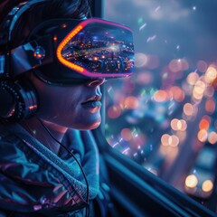 A woman wearing a VR headset looks out at a city at night.