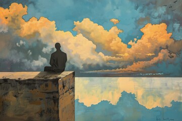 A man sits on a ledge overlooking a body of water