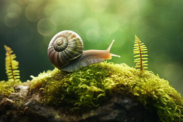 Snail slowly traversing a moss-covered stone, its spiral shell gleaming in the soft light. Generative AI - Powered by Adobe