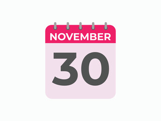 November  30 calendar reminder. 30 November  daily calendar icon template. Calendar 30 November  icon Design template. Vector illustration
