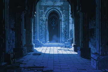 Mysterious medieval hallway with ethereal fog and arches, concept of suspense and the supernatural in game environments