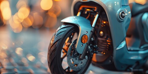 Close up of the front wheel of a blue electric scooter