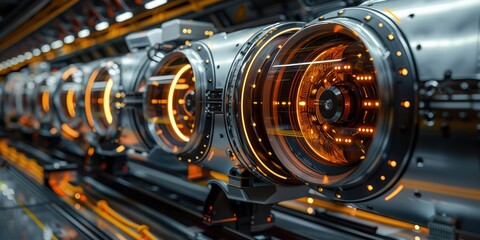 Futuristic sci-fi spaceship engine room with glowing orange lights