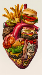 Human Heart Filled with Beer and Hamburgers. Showing the impact of unhealthy habits highlighting the risks of obesity, high cholesterol,hypertension, and cardiovascular disease 