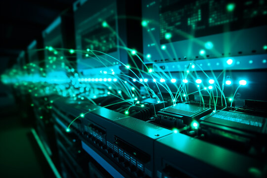 LAN network switches with blinking lights indicating data transfer. Generative AI