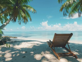 wooden deck chair under palm trees in a white sandy beach