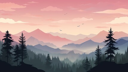 Verdant forest panorama on a dawn pink horizon - Natural Landscapes