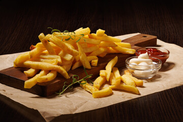 A pile of French fries served on a wooden board with mayonnaise and ketchup.