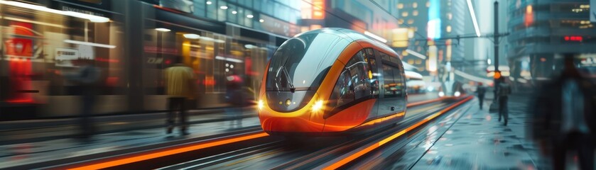 The future of public transportation, a sleek and modern tram glides through a busy city street.