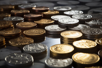 Shiny coins arranged in intricate patterns on a marble tabletop. Generative AI