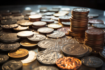 Shiny coins arranged in intricate patterns on a marble tabletop. Generative AI