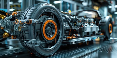 Obraz premium The image shows an electric car chassis with a wheel and orange suspension components.