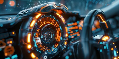 The interior of a futuristic car with a steering wheel and a digital dashboard. The dashboard is made of glass and has a lot of orange and blue lights.