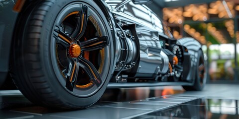 Obraz premium A futuristic motorcycle with a sleek black and orange design.