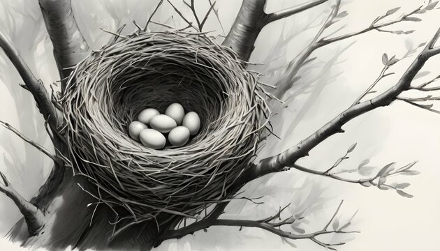 A Sketch Of A Birds Nest Nestled In The Branches  3