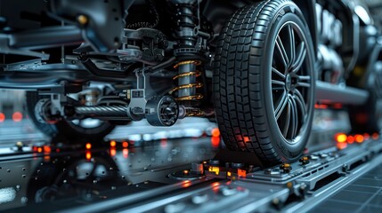 A close up of a car's suspension system