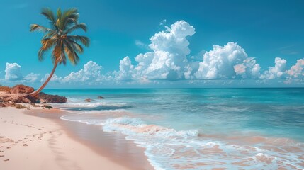Fototapeta na wymiar palm tree on tropical island beach on background blue sky with white clouds
