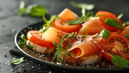 Omega- Rich Foods: Incorporating Fish, Tomatoes, and Vegetables in Caprese Salad and Tomato Bruschetta. Concept Caprese Salad, Tomato Bruschetta, Omega-Rich Foods, Fish Recipes