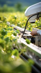 A researcher sets up an automated plant phenotyping system in the field. The system uses machine vision to track plant growth and development.