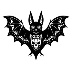 Design a vector silhouette of a bat adorned with intricate patterns inspired by traditional Mexican folk art.