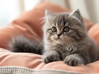 Fluffy grey kitten on a soft pink cushion