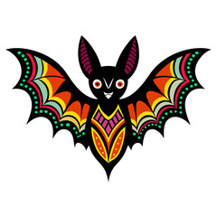 Design a vector silhouette of a bat adorned with intricate patterns inspired by traditional Mexican folk art