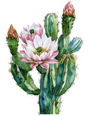 a decorative Cactus with various color blooms, side view in a PNG, in a succulent floral-themed, isolated, and transparent photorealistic watercolor illustration. Generative ai