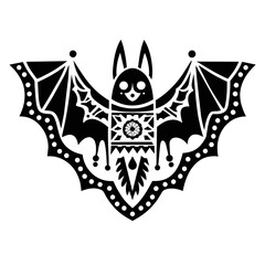 Design a vector silhouette of a bat adorned with intricate patterns inspired by traditional Mexican folk art.