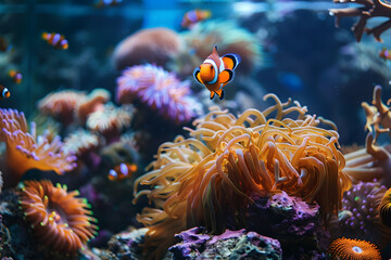 Underwater photography of coral reefs with vibrant marine life, focusing on the interaction between a clownfish and sea anemones