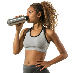 Female athlete drinking from bottle, on transparent background