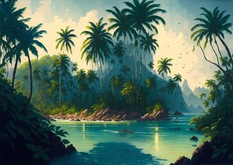 Tropical Exotic Landscape Wallpaper. Hand Drawn Design. Luxury Wall Mural