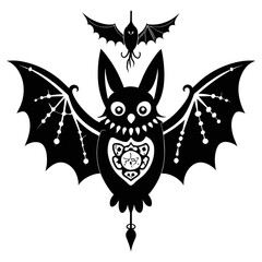 Design a vector silhouette of a bat adorned with intricate patterns inspired by traditional Mexican folk art.