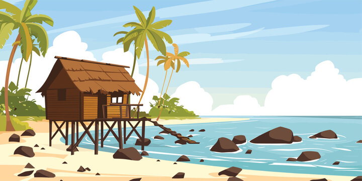 Tropical Beach Hut with Thatch Roof, Cartoon Vector Illustration