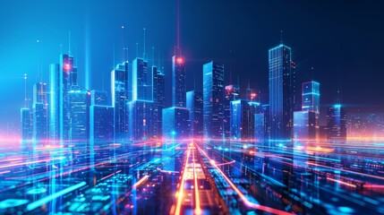 cityscape with space and neon light effect. Modern hi-tech, science, futuristic technology concept. Abstract digital high tech city design for banner background