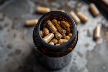 multivitamin capsule pills in a glass jar