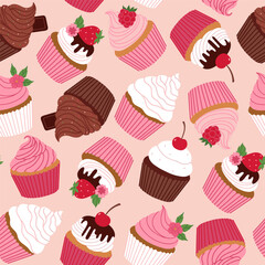 Seamless pattern with various cupcakes on a pink background. Vector graphics.