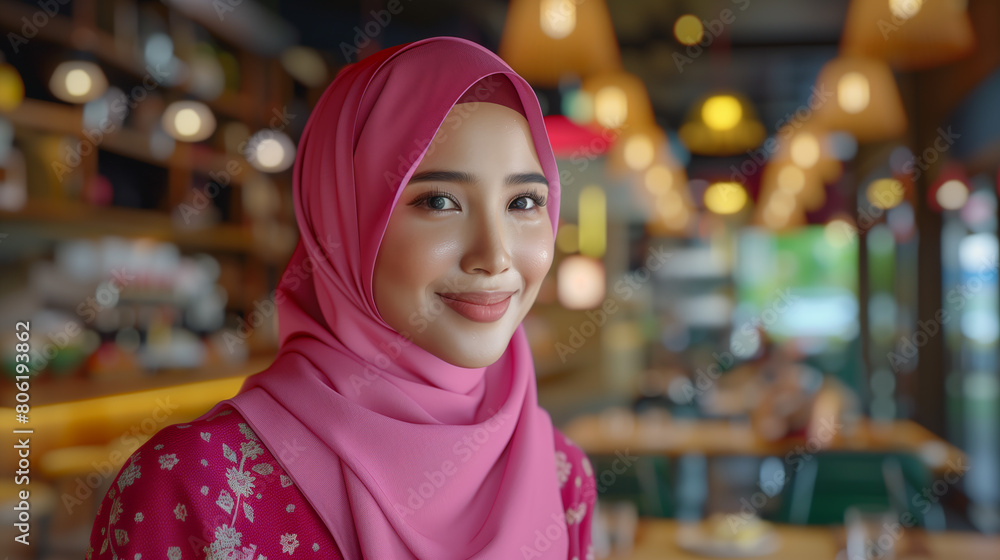 Wall mural An attractive young Malay hijabi woman is depicted, wearing pastel pink and beige attire and smiling at the camera. She is standing in an upscale restaurant with elegant wooden decor and soft lighting