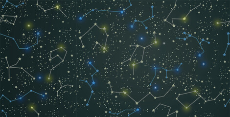 Seamless background of constellations twinkling in the night.
