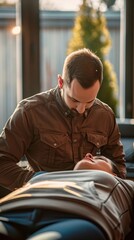 Fototapeta premium Absorbed in Contemplative Solitude:A Man Engrossed in a Book in a Cozy,Autumnal Setting
