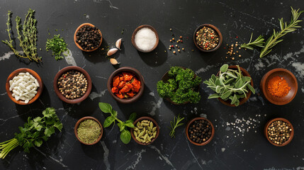 A lot of scattered spices and herbs are depicted on a black isolated background.
