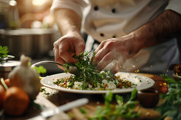 Close-up of a gourmet chef's hands delicately garnishing a dish with fresh herbs, with sharp focus on the ingredients against a blurred kitchen background 