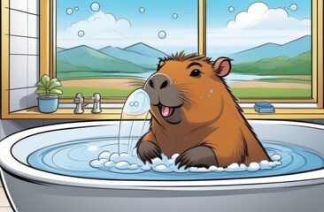 A funny capybara washes itself in a bath with foam. Beautiful view in the background