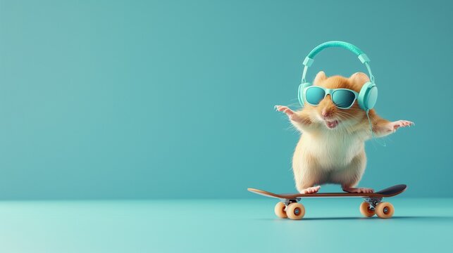 A hamster wearing sunglasses and headphones rides a skateboard.
