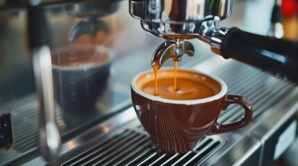 coffee machine at cafe pouring express coffee on a mug