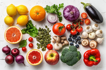 A diverse assortment of colorful fruits and vegetables displayed on a clean white surface. The fruits and vegetables include apples, oranges, bananas, tomatoes, cucumbers, carrots, and more.